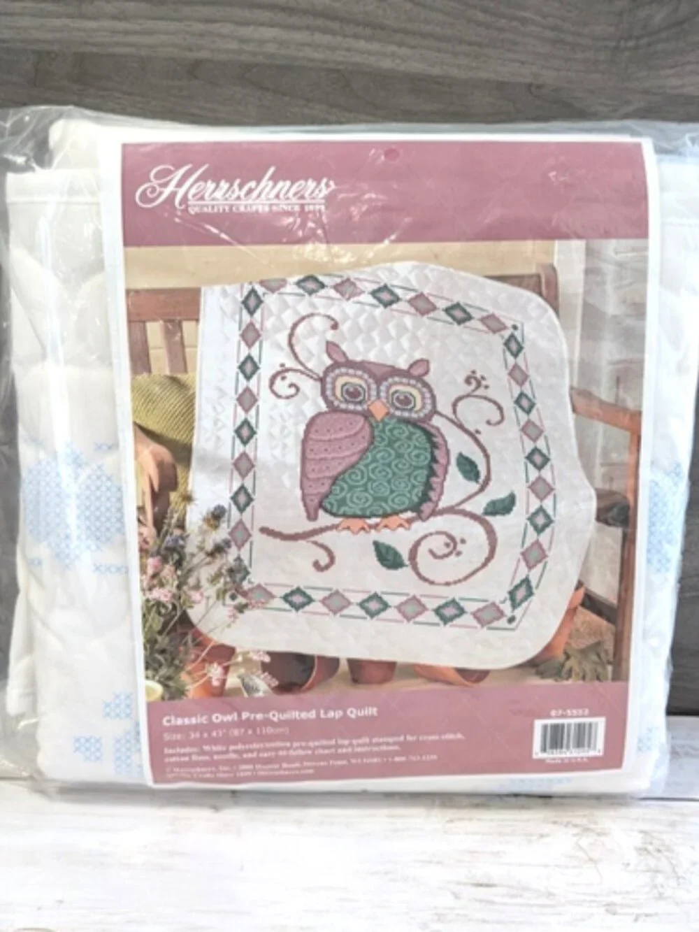Herrschners Classic Owl Lap Quilt Top Stamped for Cross Stitch 34